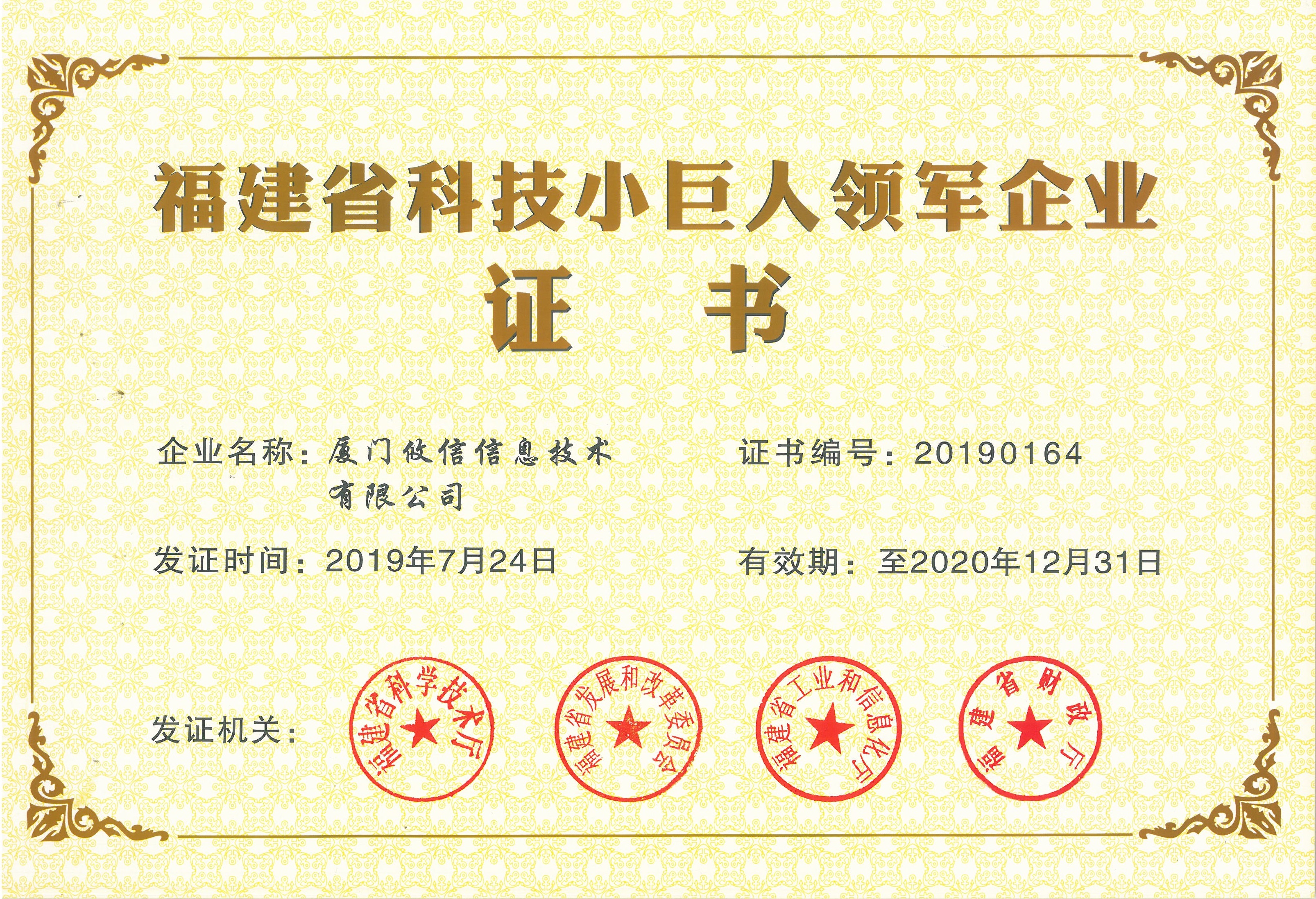 Fujian Province Science and Technology Small Giant Leading Enterprise Certificate